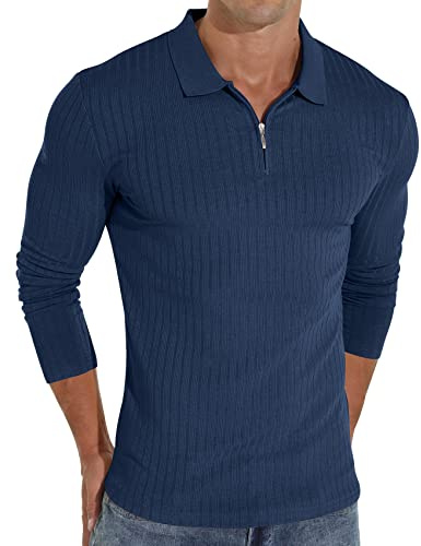 Sailwind Zipper Polo Shirts for Men Long Sleeve Slim Fit Shirts Casual Stretch Ribbed Knit Zip Shirt