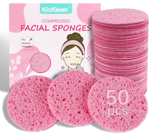 50-Count Compressed Facial Sponges|Kickleen 100% Natural Cellulose Cosmetic Spa Sponges for Daily Facial Cleansing|Makeup and Mask Removal|Exfoliating|Skin Massage|Pore Exfoliation (50 Count (Pink))