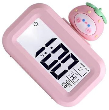 dijiusidy Niedlicher Erdbeer Cartoon Wecker mit Temperaturanzeige für Kinderzimmer. Drücken Sie, um den Bildschirm 5 Sekunden lang zu beleuchten
