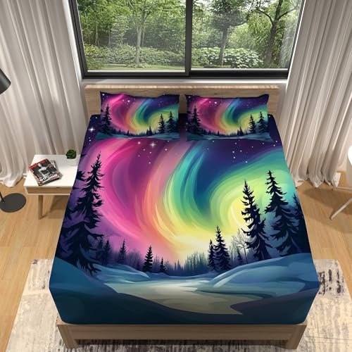 Spannbettlaken Drucken Fantasie Nordlichter, Bunt Microfaser Muster Drucken Spannbettlaken Bettwäsche-Set 180 x 200 cm Kommt mit 2 Kissenbezügen