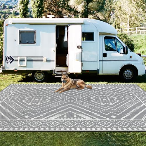 Capslpad Outdoor Teppich Wetterfest 240x305cm Reversible Geometrie Kunststoff Strohmatte UV-beständiger Faltbar Tragbarer Campingbereich Teppiche für Picknick RV Garten Strand, Grau