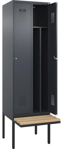 kaiserkraft | Schwarz-Weiß-Spind Evolo Plus Sitzbank | schmal | 2 Abteile | Trennwand verkürzt | grau | B 600 mm | Zylinderschloss | mit auskragender Sitzbank | Buche