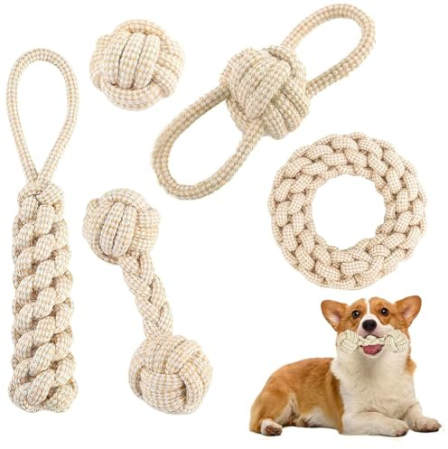 Bull Tiger Prestige 5 Stück Hundespielzeug Seil, Zerrspielzeug für Hunde aus Natürlicher Baumwolle, Interaktive Kauen Spielzeug mit Knoten Ball, Hundeseil Spielzeug für Mittelgroße Hunde kleine