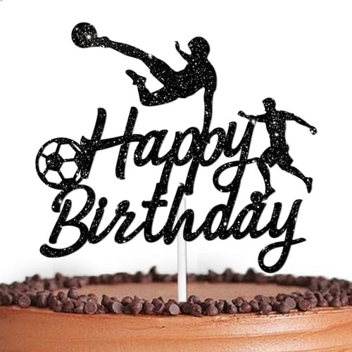 Black Glitter Happy Birthday Cake Topper Cheer to Play Football Sports Soccer World Cup Theme Decorations Men Women Happy Birthday Decor Supplies