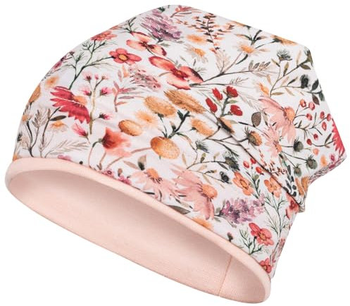 Smarilla Mädchen Mütze Übergangsmütze Beanie Blumen Frühling Herbst Baumwolle, Bekleidungsgröße: 54-56, Farbe: Creme-Aprikot