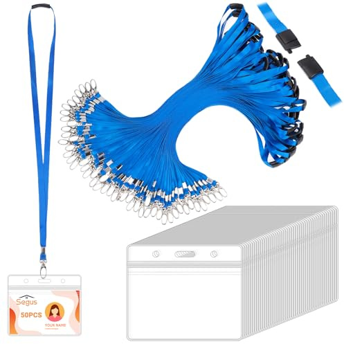 Segus Kartenhülle mit Band, 50 Stück Schlüsselband Sicherheitsverschluss, Lanyard mit Kartenhülle Transparent, Schlüsselband Blau, für Büro, Geschäfts Messe, Krankenhaus (Horizontale)