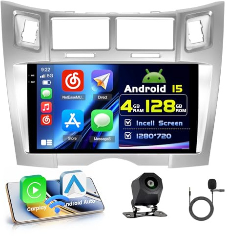 Hikity 4+128G 9 Android Autoradio für Toyota Yaris/Vizi 2005-2011 | Incell Touchscreen Wireless Carplay Autoradio 2 DIN GPS Navi Bluetooth 5.0 WiFi FM/RDS Rückfahrkamera EQ 4+128G