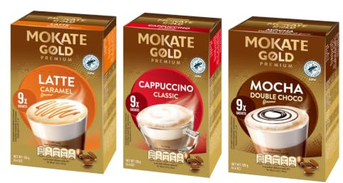 Mokate Variety Gold Premium Instant Coffee Sachets | Latte Carmael | Cappuccino Classic | Mocha Double Choco | Total 27 Sachets per pack | Premium Quality Coffee | (1, Pack of 3)