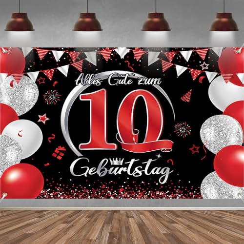 10. Geburtstag Banner Mädchen Junge Deko Rot Schwarz 10 Geburtstag Hintergrund Banner, Extra Große Stoff Schild Poster für 10. Geburtstagsparty Deko, 210x150 cm