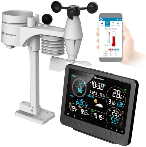 Bresser Station météo WiFi avec capteur 8-en-1 pour WBGT, UV, vent, pluie, lumière, pression, climat intérieur, prévision