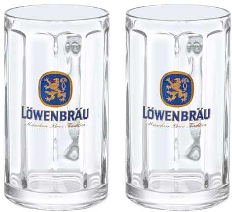 Zum Franziskaner 2 Stück LÖWENBRÄU Bierkrug 0,5 Liter Glas | Das Original | Glaskrug mit Henkel | Oktoberfest München Deutschland Tradition Biergarten Volksfest