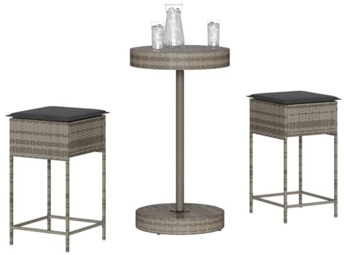 YuuSsea 3-TLG. Gartenbar-Set mit Kissen Grau, Poly Rattan, UV-beständig, 60,5x106 cm Bartisch, 2X Barhocker, für Terrasse, Balkon und Garten Outdoor