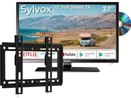 SYLVOX 27 12V TV pour Camping Car & Support TV Réglable, Camion, Smart Android 11-1080P HD, Lecteur DVD Intégré, Google Assistant, Wi-FI, Haut-Parleur HiFi, Bluetooth, Triple-Tuner, HDMI