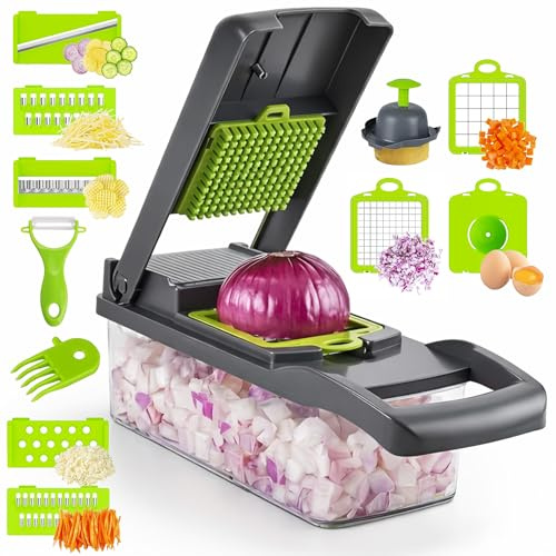 Mandolina de Cocina Profesional 16 en 1, Gadgets de Cocina, Cortador Verduras Acero Inoxidable, Picadora de Verduras y Cebolla con Recipiente, Rallador Juliana.