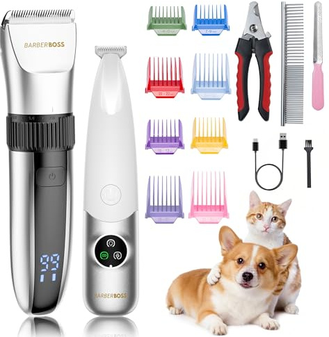 BarberBoss Tagliacapelli senza fili per cani, impermeabile, lame in ceramica, display a LED, attacco a 8 colori, tagliacapelli elettrico a basso rumore per cani gatti (Argento E Bianco)