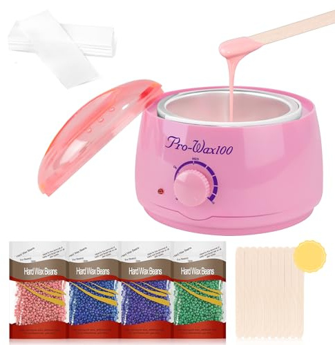 Professional Wax Kit with Warmer, Beads, Sticks & Papers for Hair Removal | Pink Wax Heater Kit with Warmer, 4 * 100g Wax Beads, 10 * Wax Sticks, 50 * White Wax Paper for Women & Men at Home Salon