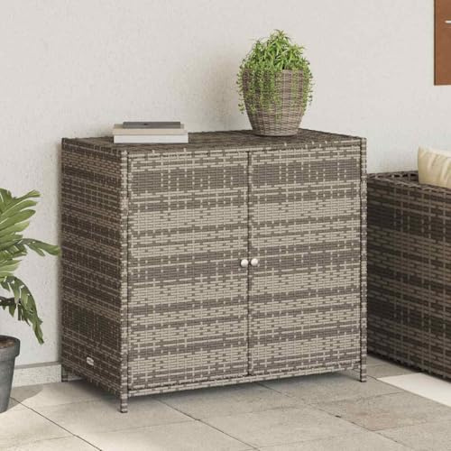TUERYAFEK Outdoor Schrank Grau 83x45x76 cm, Poly Rattan Gartenschrank mit zwei Türen und Edelstahlgriffen, wetterbeständiger Aufbewahrungsschrank für Gartenwerkzeuge, Kissen