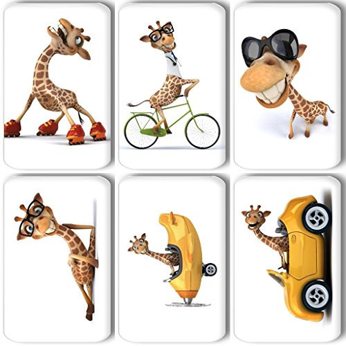 Lustige Giraffe auf Rollschuhen / im Auto / im Flugzeug - 6 rechteckige Kühlschrankmagnete -- 01 für Memoboard Pinnwand Magnettafel Whiteboard
