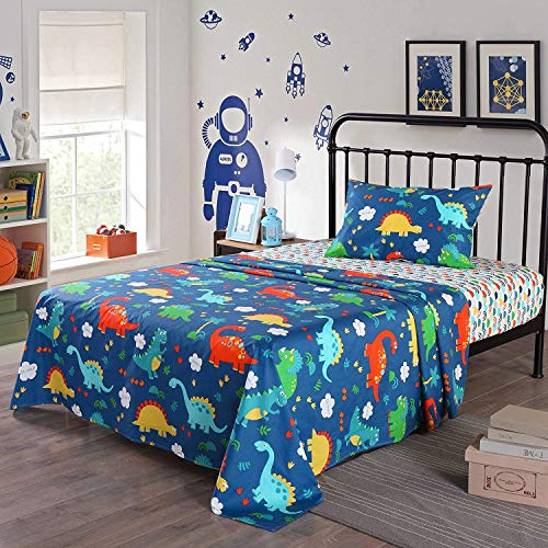 Queen Linens 100% Cotton Sheets Kids Twin Full Sheets for Kids Girls Boys Teens Children Sheets Bed Sheets for Dinosaur(Twin)