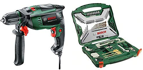 Bosch Universal Impact 800 - Taladro percutor, 800 W, empuñadura adicional, tope de profundidad, maletín (ref. 0603131100) & X-Line Titanio - Maletín de 103 unidades para taladrar y atornillar