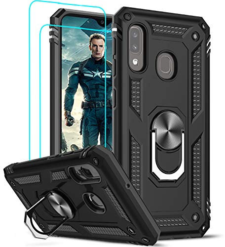 LeYi Hülle Kompatibel mit Samsung Galaxy A20s Handyhülle und Panzerglas Schutzfolie(2 Stück),360 Grad Ring Halter Handy Hüllen Cover Bumper Schutzhülle Case Schwarz