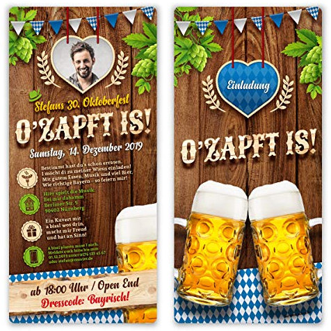 50 x EInladungskarten Geburtstag Oktoberfest individuell O'zapft is! in Blau mit Foto