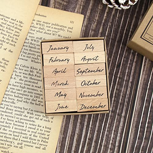 Dizdkizd 12 Stück Süße Monat Gummistempel, Vintage Holzstempel in kleiner Größe für Basteln, Scrapbooking, Journaling Supplies