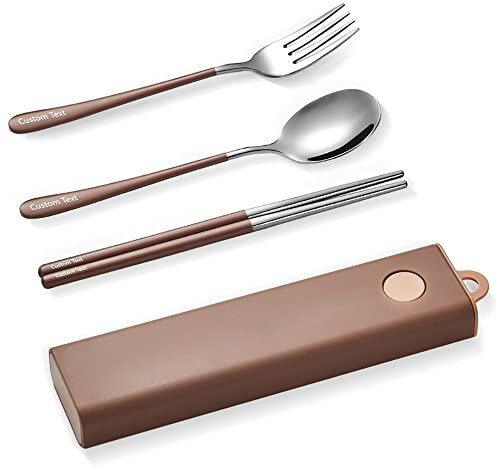 Muka Set di 3 Utensili Portatili Personalizzati Bacchette in Acciaio Inox Forchetta Cucchiaio Posate da Viaggio con Logo e Nome Personalizzati