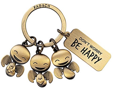 FABACH Porte-clés ange gardien Happy Trio avec gravure – Cadeau ange porte-bonheur motivation – Don't worry be happy, Bronze, Taille unique
