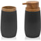 Inbagno Set 2 Pezzi Dispenser Sapone e Porta spazzolino, in plastica Nero, con Dettagli Effetto Legno, Serie Blob