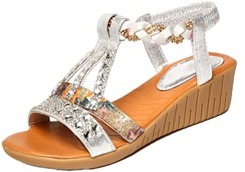 Minetom Sandales pour Femmes Été Bohême Plate-Forme Chaussures À Semelles Compensées Cristal Gladiateur Rome Chaussures De Plage Décontracté Bande Élastique A Argent 34 EU