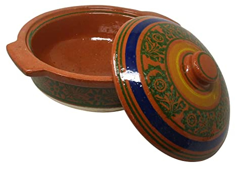 Reldor Earthen Clay Cooking Pot Karahi Kadai Wok Biryani Chicken Serving Mitti ki Kadai Karahi Open Fire Gas Top with Lid (Small)