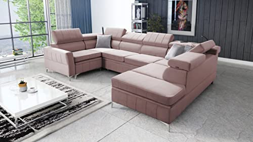 All4All Ecksofa mit Schlaffunktion Bari V 336 x 218 cm - Eckcouch mit Bettkasten - Wohnlandschaft in U-Form - XXL Sofa Groß - Schlafsofa - Rosa - Seite Rechts - Modern - Velvetstoff 26