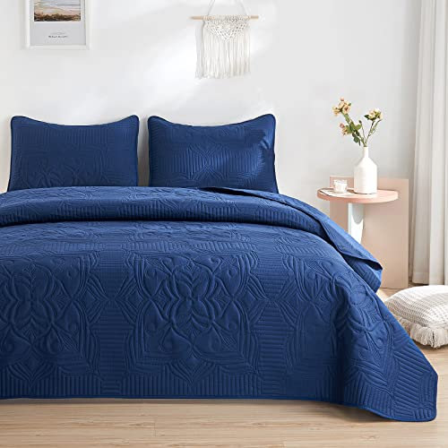 beeweed Couvre Lit Estampé 220x200cm, Dessus de Lit et Couvre Lits 2 Personnes en 100% Microfibre, Couvre Lit Bleu Marine avec 2 Taies d'oreiller 50x75cm, Couverture Ete Super Léger en Motif Fleur