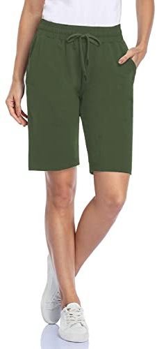 MOVE BEYOND Damen Bermuda Shorts Kurze Hose Sommer Baumwolle Sporthose Jogginghose Knielang Sweatshorts mit 3 Taschen, Grün, XL