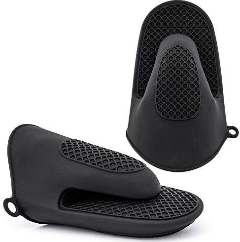 Cyraeon Two Mini Oven Gloves, Extra Long for More Protection, Silicone Gripper Kitchen Mitts, Heat Resistant for Baking/Cooking/BBQ/Grilling, One Size Fits All, Black.