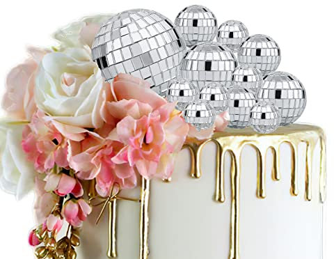 12pcs Disco Ball Cake Toppers, 4 sizes disco ball cake topper sliver Disco Theme Accessories for Birthday Cake Party 70s Theme Party Favor Cake Disco Ball Party Decorations