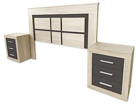 Somnia Descanso - Pack Cabecero Nórdico Mandi de 160 x 120 cm + 2 Mesitas de Noche | Diseño Práctico y Elegante | Colores Cambria y Grafito (para Cama de 135-140 o 160)