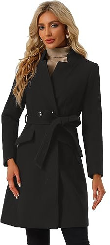 Allegra K Damen Elegant Mantel Stehkragen Vintage Gürtel Lang Wintermantel Schwarz M
