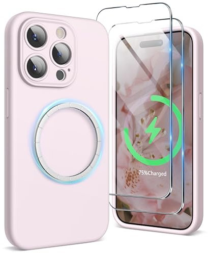 SURPHY Magnetic Case for iPhone 15 Pro Case with Screen Protector, Liquid Silicone Anti-Scratch Compatible with MagSafe Gel Rubber Phone Case for iPhone 15 Pro 6.1 inch, Chalk Pink