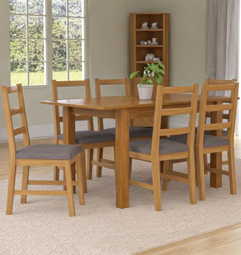 Hallowood Furniture Camberley Oak Extendable Dining Table and Chairs Set 6 | 120-153cm Rectangular Butterfly Table and Chairs in Ladder Back Design and Light Grey Fabric Seats, Ideal for Home and Café