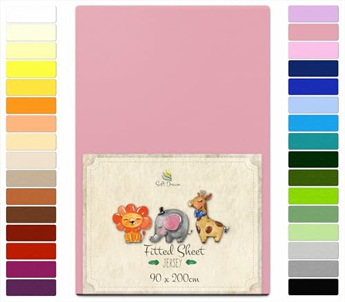 Soft Dream Spannbettlaken 90x200 cm Puderrosa - 100% gekämmte Baumwolle Jersey - Premium Qualität - Spannbetttuch für Kinderbett Juniorbett - OekoTex Zertifiziert - Made in EU - 90x200cm Puderrosa