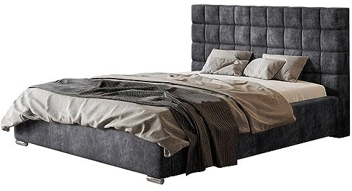 AlpiMeble Polsterbett Porto mit Kopfteil, 120x200 cm, Doppelbett mit Bettkasten und Lattenrost aus Holz, Velourstoff Rosa
