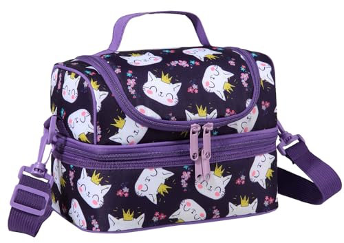 Lunch Tasche Kinder,ChaseChic Wiederverwendbar Leicht Isolierte Lunchboxen Auslaufsicher Kühltasche im Dual Abteil mit Abnehmbar Einstellbar Schulterriemen Lila Katzen