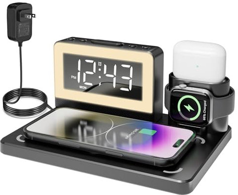 YEAPOWER Reloj despertador con carga inalámbrica, luz nocturna de 7 colores, cargador inalámbrico 6 en 1 para Apple, estación de carga para iPhone 16/15/14/13/12/11/Pro Series, para Apple Watch