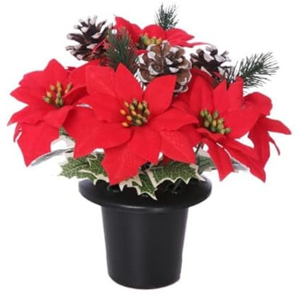 Christmas Artificial Grave Flowers - Red Poinsettia, Snowy Cone & Variagated Holly - Grave Pot, Cemetery Vase, Crem Insert, Memorial Pot, Flower Memorial Arrangement, Vases