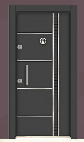 Porta Blindata Laminata d’Ingresso Design Moderno con Spioncino 2 Serrature Maniglia Passiva Portone Nero con Dettagli Alluminio PL52 (Interna sinistra)