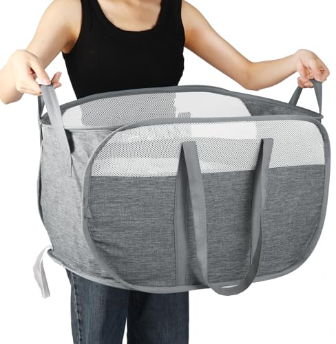 Collapsible Laundry Baskets, Foldable Mesh Clothes Hamper with Reinforced Handles, Durable Pop Up Hampers for Laundry, Tear Proof & Easy to Carry Laundry Hamper for Home, Laundry, Dorm, Travel Grey