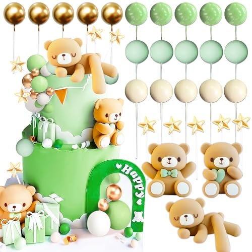 Jevenis Luxury Sage Green Baby Shower Cake Decoration Teddy Bear Cake Topper Gender Reveal Cake Decoration Bear Baby Shower Party Supplies Teddy Bear Decorations