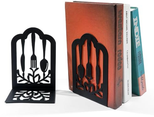 LdawyDE Bookends, Pack of 2 Book Holders 'L' Bookends Cutlery Style Creative Bookend Metal Desktop Standalone Recipe Storage Book Holder for Kitchen Office School Shelf